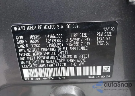 2021 Honda Hr-V Awd Ex from USA, damaged, VIN 3CZRU6H51MM717776